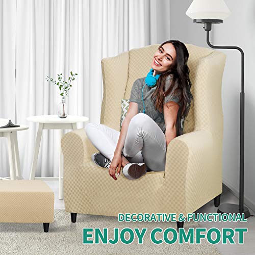 YEMYHOM 1 Piece Stretch Wingback Chair Slipcover Latest Jacquard Design Wing Chair Cover Non Slip Furniture Protector with Foam Rods for Living Room (Wing Chair, Beige) - color: Beige, size: 1 Pack - Wing Chair