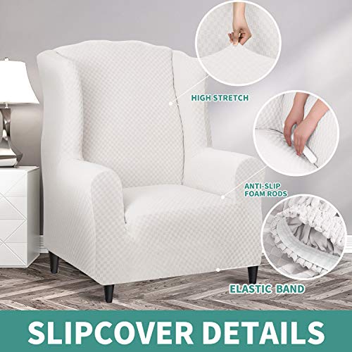 YEMYHOM 1 Piece Stretch Wingback Chair Slipcover Latest Jacquard Design Wing Chair Cover Non Slip Furniture Protector with Foam Rods for Living Room (Wing Chair, White) - color: White, size: 1 Pack - Wing Chair