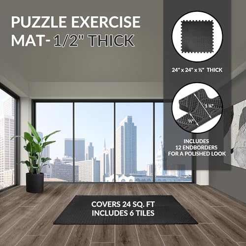 Fitvids Puzzle Exercise Gym Flooring Mat, 1/2" Thick High-Density EVA Interlocking Tiles Workout Mat for Home Gym, Fitness Equipment, MMA, Gymnastics, 6-Piece Shock-Absorbing Exercise Mat (24 Sq Ft) - color: Midnight, style: 1/2" Thick, 6 Tiles (24 Sq Ft)