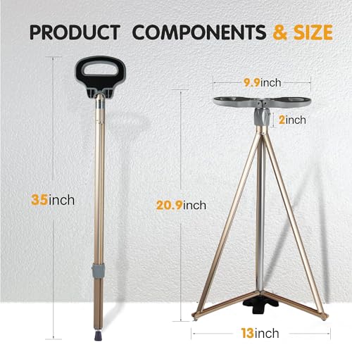 Cane with Seat 2-in-1 Portable Walking Stick with Seat for Men & Women Folding Lightweight Sturdy Tripod Cane Foldable Stool Mobility Aid Crutch Chair with Travel Bag for Elderly, Seniors & Handicap - color: white golden