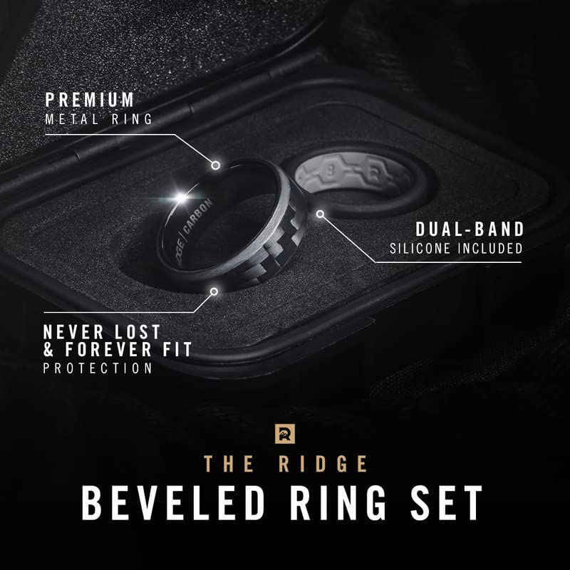 The Ridge Tungsten Rings For Men - Mens Wedding Band - Strong, Durable, and Scratch-Resistant Beveled Ring With Silicone Band - color: Carbon Fiber 3K