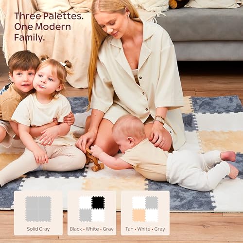 Puzzle Play Mat for Floor - 16 Snap-Together Interlocking Tiles (11.8 x 11.8 x 0.4 in Each, 47 x 47 in Total) for Kids Playroom & Home Floor Play, Edge Borders Included, White Tan Gray