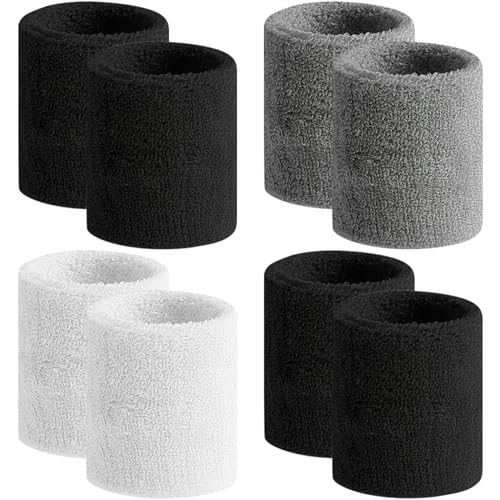 BEACE Sweatbands Sports Wristband for Men & Women -8pcs Moisture Wicking Athletic Cotton Terry Cloth Sweatband for Tennis, Basketball, Running, Gym, Working Out - color: 4Bla2Gra2Whi