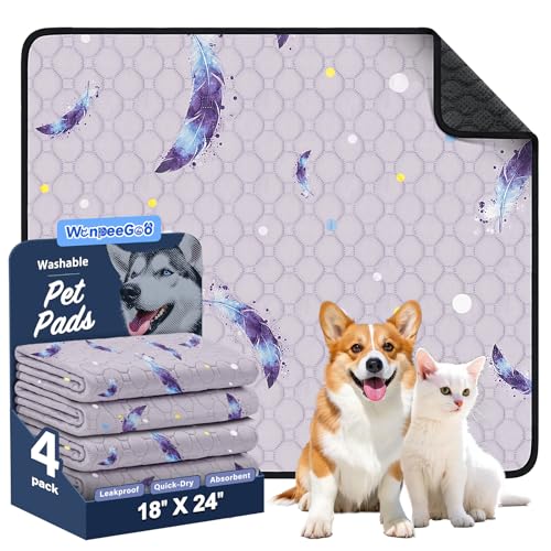 Washable Dog Pee Pads, Non-Slip Waterproof, 18 x 24 in, 4 Pack, Feather | Super absorbent, waterproof and non-slip; washable, reusable dog pads for crates, playpens, floors, furniture and travel - color: Feather Pattern, size: 18"x24"(Pack of 4)
