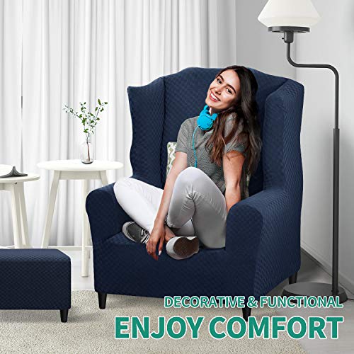 YEMYHOM 1 Piece Stretch Wingback Chair Slipcover Latest Jacquard Design Wing Chair Cover Non Slip Furniture Protector with Foam Rods for Living Room (Wing Chair, Navy) - color: Navy, size: 1 Pack - Wing Chair