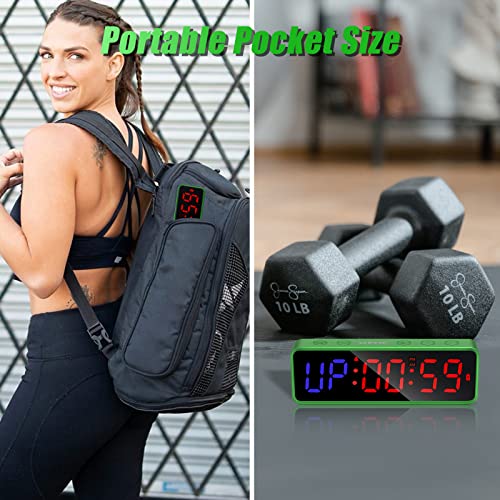 Portable Gym Workout Timer, Fitness Clock with The Rubber Case and Built-in Magnetic Spine, Large LED Digital Anti Vertigo Display, for Home Garage Schools (Black) - color: Green