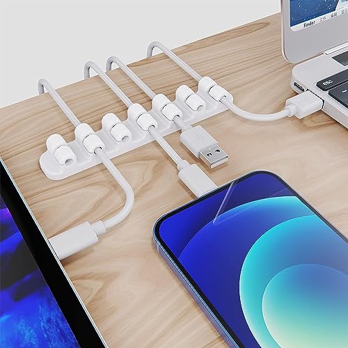 SOULWIT Upgraded Cable Holder, Cable Management Cord Organizer Clips Silicone Self Adhesive for Desktop USB Charging Cable Power Cord Bedside Wire PC Office Home (3/5/7 slot,White) - color: White