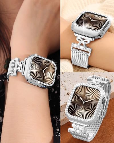 Metal Band Compatible with Apple Watch Bands for Women 38/40/41/42/44/45/46/49mm, Bow-Shaped Diamond Stainless Steel Magnetic Mesh Strap for iWatch Series 11 10 9 8 7 6 5 4 3 2 1 SE Ultra - color: Silver, size: 42mm/44mm/45mm/49mm/46mm(series 11)