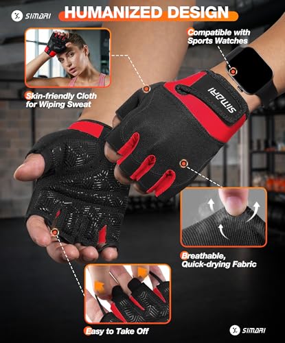 SIMARI Breathable Workout Gloves with Cushion Pad/Grip/Reduce Calluses, Weight Lifting Gloves for Gym Exercise, Cycling, Weightlifting Training, Fitness, Pilates, Kayaking, Gift for Men & Women - color: 3-Red, size: X-Large