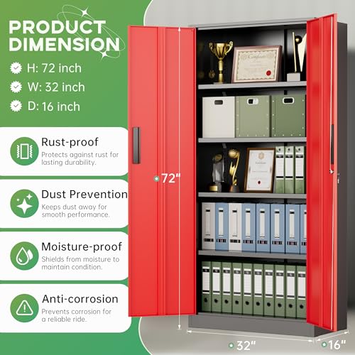 INTERGREAT Metal Storage Cabinet,72" Steel Lockable File Cabinet with Locking Doors and Adjustable Shelves,Locking Tool Cabinets for Office,Home,Garage,Gym,School (Black Red) - color: Black Red, size: MSC-D16