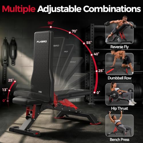 FLYBIRD WB7 Weight Bench, 1300LBS Commercial Adjustable Weight Bench, Workout Bench for Home Gym, Flat Incline Bench Press Heavy Duty Bench with 34'' Extra-Long Backrest and Easy-Roll Wheels - color: Black & Red