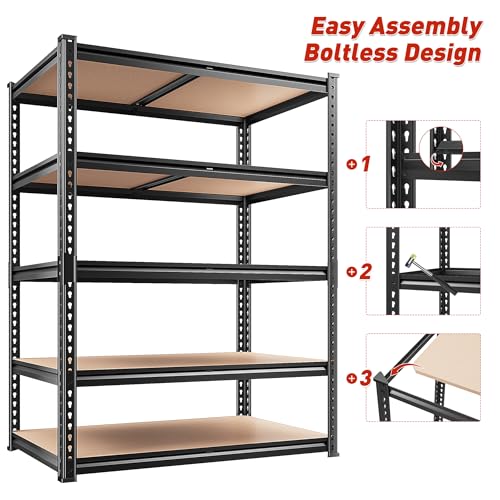 REIBII 2400LBS Garage Shelving 5 Tier Storage Shelves Heavy Duty, Adjustable Metal Shelving Unit,Garage Shelves for Basement,Warehouse,Pantry,Closet,Kitchen 72" H x 36" W x 16" D,2 Pack | Heavy Duty - color: Black