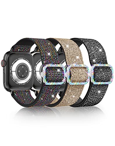 LETOID Stretchy Bands for Apple Watch Band Women Men Adjustable Solo Loop | Skin-Friendly Elastic Nylon Replacement Strap, iWatch Series 11 10 9 8 7 6 5 4 3 2 1 SE Ultra 49 46 45 44 42 41 40 38mm - color: 3-Pack: Iridescent Black / Black / Gold-Black, siz