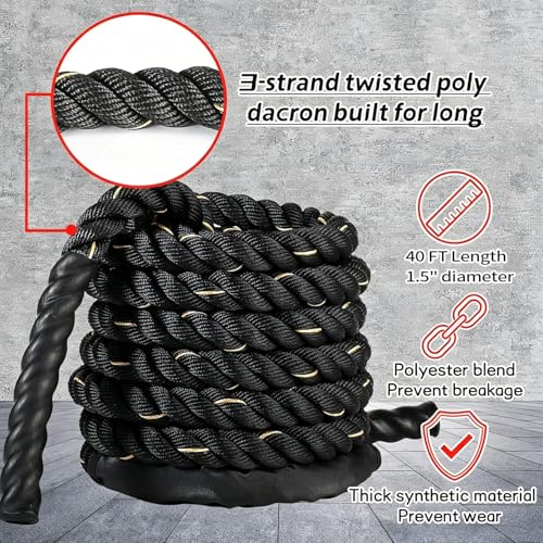 Battle Ropes Black Workout Rope 1.5 inch Battle Ropes for Home Gym 40ft Exercise Ropes for Working Out Heavy Ropes for Exercise Training Weighted Rope Weighted Workout Rope Battle Rope