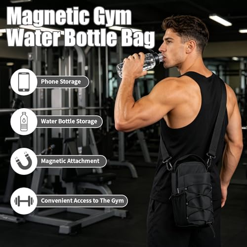 Magnetic Gym Bag with Phone Holder, Water Bottle Carrier, 4 N52 Magnets | Phone holder is stored inside the interior pocket; front elastic cords secure a damp towel and pockets organize essentials.