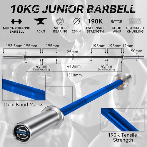 EVERYMATE 5LB Mini Barbell Bar Beginner Women Kid Barbell Total Body Workout Weighted Bar,for Strength Training, for Youth Children New Weightlifting - color: Sliver Sleeves Blue Bar, size: 10KG Junior Barbell
