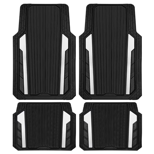 CAR PASS Heavy Duty Rubber Car Mats Metallic,Aluminum Film All Weather Floor Mats Waterproof Universal Trim to Fit SUVs Sedans Vans 4 Piece Anodized Deep Dish Two-Tone Sporty Black White Chrome - color: Black White