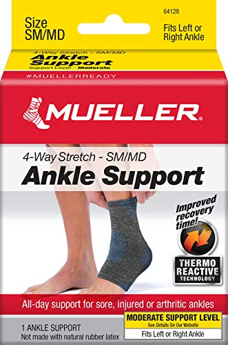 Mueller Sports Medicine FIR 4-Way Ankle Support Sleeve, Ankle Pain Relief Support for Men and Women, Ideal for Sprains, Strains, Arthritis, Black/Blue - size: Small/Medium