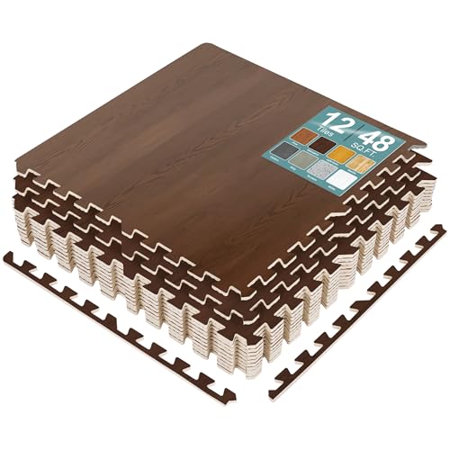 Sorbus 48 Sq. Ft. Wood Grain Floor Tiles Foam Mat EVA Interlocking Mats Tile 3/8-Inch Thick Flooring Wood Puzzle Exercise Mats w/Borders - Home Playroom Basement, Apartment, Trade Show, Baby, Dance - color: Mahogany, size: 12 Pack