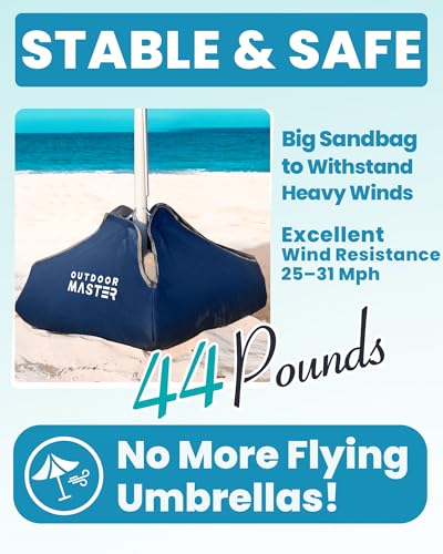 OutdoorMaster 7.2ft Beach Umbrellas for Sand with Sandbag & Anchor | 7.2ft Adjustable Umbrella for Beach, Wind Resistant, Portable UPF50+ Sunshade with Carry Bag for Patio - color: Blue Red Striped