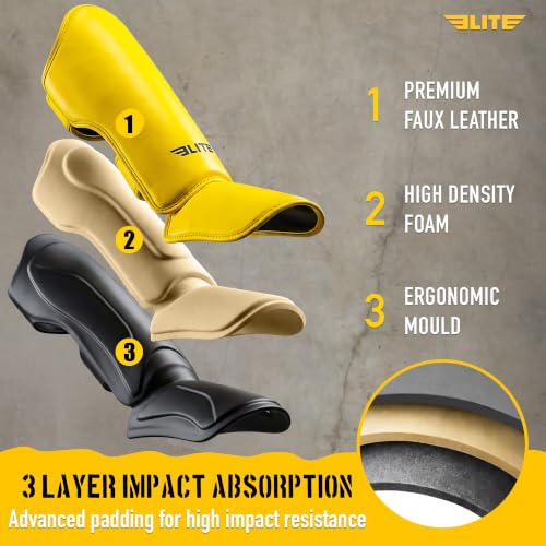 Elite Sports Muay Thai MMA Kickboxing Boys and Girls Shin Guards for Age 4 to 14 Years, Instep Guard Sparring Protective Leg Shin Kick Pads for Kids - color: Yellow, size: Medium