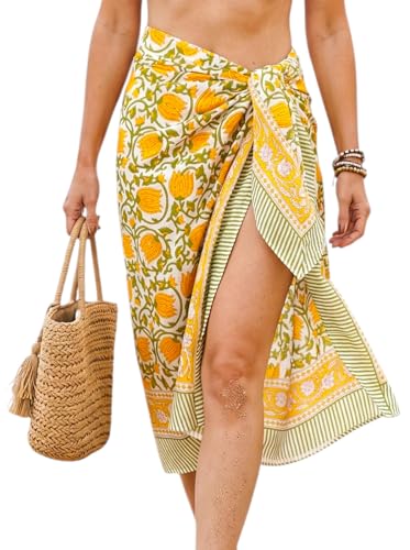 Beach Cover Ups for Women, Cotton Sarong Wrap Pareo | 100% Cotton Sarong Wraps For Women, 73 x 44 In. Pareo Beach Wrap, Bikini Cover Up, Bathing Suit Cover Up, Resort Wear - color: Python Yellow