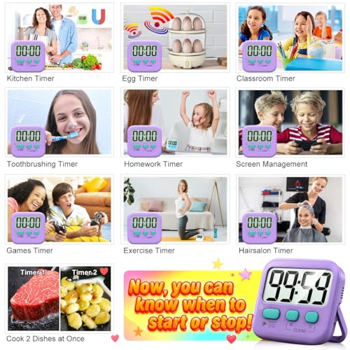 Antonki 2 Pack Digital Timer for Kids, Magnetic Countdown Kitchen Timers for Cooking, Egg, Classroom, Teacher, Exercise, Study, Oven - Battery Included - color: Fresh Purple