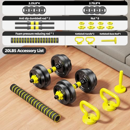 Adjustable Dumbbell Set, 10-90lbs Free Weights with Connector – 4 in 1 Dumbbells, Barbell, Kettlebell & Push Up Stand, Adjustable Weights Set for Home Gym Fitness Equipment for Men & Women - color: Yellow 20lbs (10lbs*2)