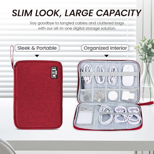 Large Slim Cable Organizer Travel Case, Single-Layer Electronic Accessories Pouch for Chargers, Cords, Power Bank, Mouse and SD Cards, 12.6 x 9.45 x 1.57 Inches - color: red, size: L