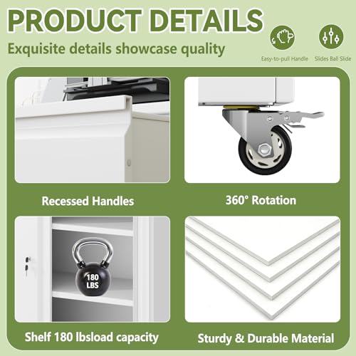 Mobile Large Lateral File Cabinet 3-Drawer,Home Office Rolling Filing Storage Cabinets with Lock & Wheels,Metal Printer Stand Office Storage A4,Letter Legal File Folders - color: White, size: 3Draws