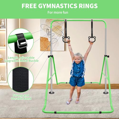 Gymnastics Bars for Kids with Rings, Junior Kip Training Bars Equipment for Home, Folding Height Adjustable Horizontal Bars - color: Green