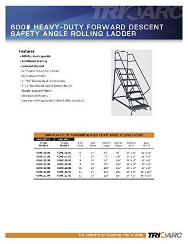 Tri-Arc KDHS110242 10-Step Heavy-Duty Safety Angle Steel Rolling Industrial & Warehouse Ladder with Grip Strut Tread - size: 10-Step, style: Grip Strut Tread