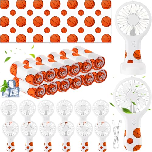 Woanger 24 Pcs Basketball Cooling Towels and Fans Sets Mini Handheld Fans Bulk 3 Speeds USB Lash Towel for Sporting Basketball Gifts for Team Games Party Favor - style: Basketball