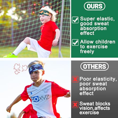 MADHOLLY 6Pcs Breathable Kids Sweat Bands for Ages 4-10 Boys Girls | Sweat Absorption, Soft, Elastic Wicking Head Bands, Sports Accessories for Football, Soccer, Basketball, Baseball, Running - style: Camouflage