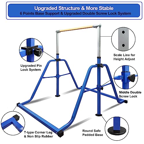 Foldable & Moveable Gymnastics Horizontal Bar with Rings,3’to 5’Adjustable Height Expandable Junior Kip Bar for Home,Indoor Gym Equipment for Kids - style: Foldable DarkBlue with Rings