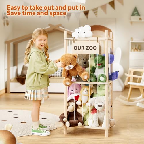 Dayacoco Stuffed Animal Storage, 2 Layer Wood Stuffed Animal Organizer Zoo, Toy Stuffy Storage Bin with Elastic Band and Net for Nursery Play Room Bedroom (Pine Wood) - size: 2 Tiers Without Wheels