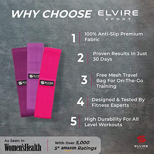 ELVIRE Fabric Resistance Bands for Working Out | Exercise Bands Resistance Bands Set of 3 | Booty Bands for Women Workout Bands Resistance Loops | Leg Bands for Working Out Glute Bands, Squat Bands - color: Coral & Purple