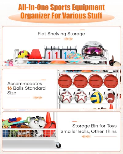 EXTCCT Garage Sports Equipment Organizer - Rolling Ball Storage Bin with Wheels, Garage Sports Gear Rack Outdoor Basketball Racks for Balls with Baseball Bat Holder and Hooks, Toy Organizer(White) - color: White