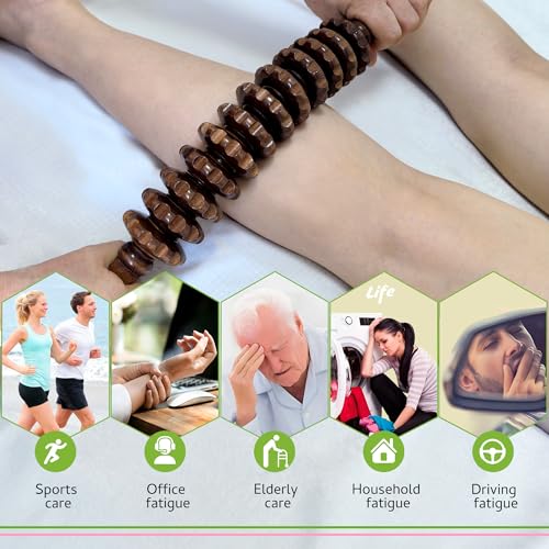 Wooden Curved Handheld Roller Stick Massager - 12 Rollers Wood Therapy Tool for Trigger Point, Fascia & Cellulite Reduction, Lymphatic Drainage, Muscle Tension Relief & Body Shaping (Brown) - color: Brown Curved-12 Rollers