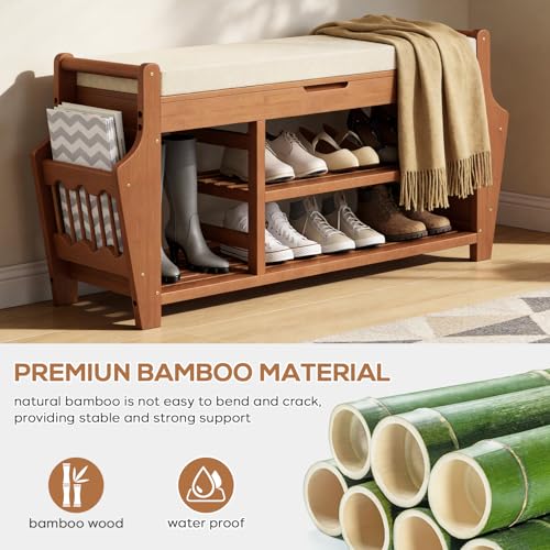oakvivo 47.2in Shoe Bench Entryway - Bamboo Shoe Rack Bench with Storage, Shoe Rack Organizer with Cushion, 2 Side Holder, Holds Up tp 330lbs for Front Door Entrance, Living Room - size: 47.2 inch