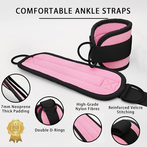 Fitness Ankle Straps for Cable Machines, 2 Pack Comfortable Adjustable Padded Ankle Wrist Cuffs, Kickback Glute Workouts for Men Women, D-Ring Leg Straps with Neoprene Padding - color: black-pink