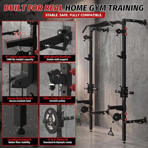 Wall Mounted Power Rack with Cable Crossover Machine, Foldable Squat Rack with Dual Pulley System, Pull Up Bar & J Hooks, 800 LB Capacity Space Saving Home Gym Strength Training Equipment