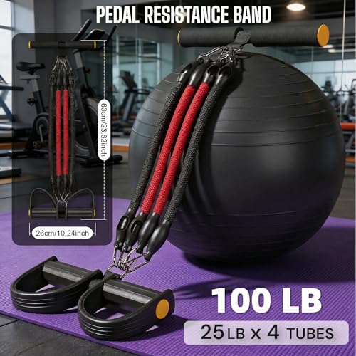 Upgraded Pedal Resistance Band with 4x25 lbs Resistance Tubes Multifunction Home Gym Workout Equipment for Sit Up & Calves Back ABS Leg Hip Arm Exercise - color: Black+Red