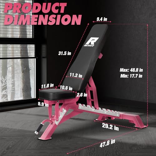 RITFIT Adjustable Weight Bench, Incline Decline Flat, 1300LB Capacity | Full Body Workout Bench for Home Gym Strength Training, 10 Backrest Positions, 3 Seat Angles, Heavy Duty Steel Frame - color: Pink