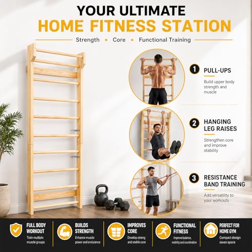 Swedish Ladder Wall Mounted Pull Up Bar - Hardwood Stall Bars - Swedish Wall Ladder & Wooden Pull Up Bar, Swedish Ladder Wall Gym Adult - Natural