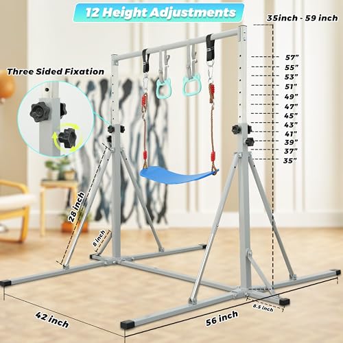 FC FUNCHEER Foldable Gymnastics Bar,5FT Horizontal bar,Adjustable Kids Training bar for Kids Ages 3-15,Kids Gymnastics bar,Triangle Stable Structure-Gym Equipment for Home - color: Grey, style: Bar-Swing-Rings
