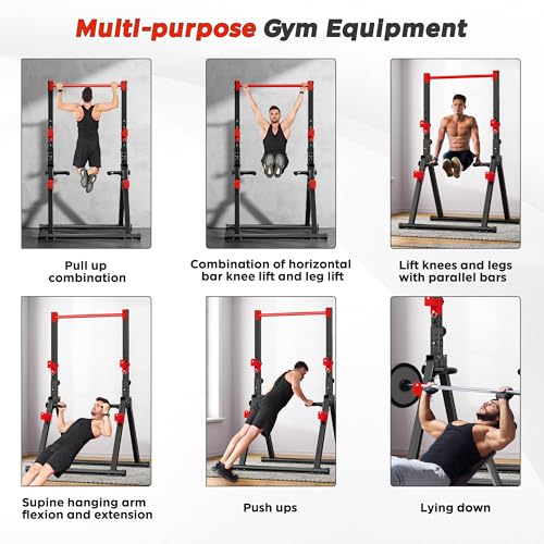 SogesHome Foldable Power Tower Dip Stand Pull Up Bar for Home Gym Exercise | Height Adjustable Multifunction Fitness Workout Station with Triangular Stability Design for Strength Training, Space Saving - color: Black Red