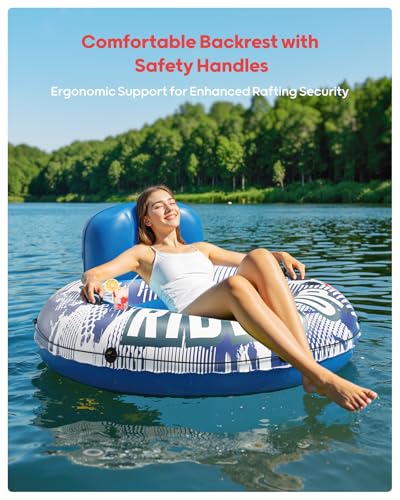 QPAU Inflatable River Tube, 0.4 mm Thickened Puncture-Resistant Heavy Duty River Float, River Raft with Ergonomic Backrest, Mesh Bottom & 2 Cup Holders for Adults and Friends Lake Float - color: A-Dark Blue 02