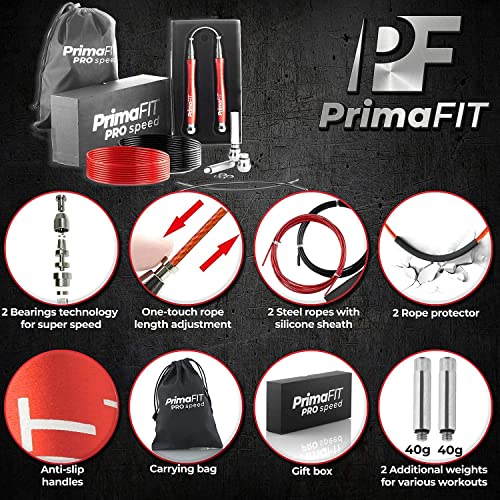 PrimaFIT Pro Speed Jump Rope for Adults, Weighted Skipping Rope for Boxing | Adjustable Jumping Rope for Fitness Workout & CrossFit Exercise, Double Unders, Handle Weights, 3m Cables 2 Protectors, Bag - color: Red