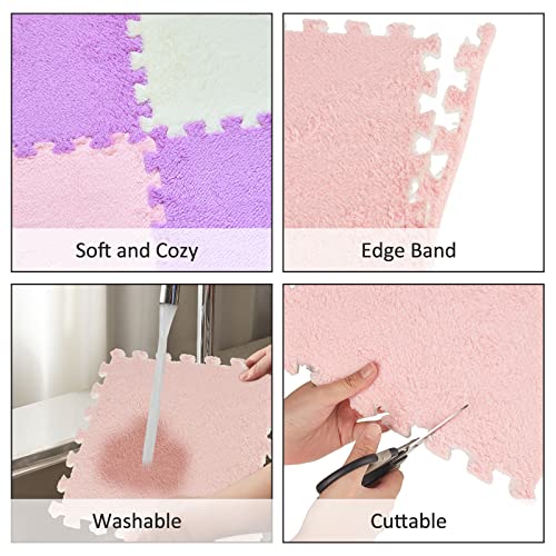 Amylove 72 Pieces Plush Foam Floor Mat Square Interlocking Carpet Tiles with Border 12 x 12 x 0.4 in Fluffy Play Mat Floor Tiles Soft Climbing Area Rugs for Home Playroom(White, Pink, Purple) - color: White, Pink, Purple